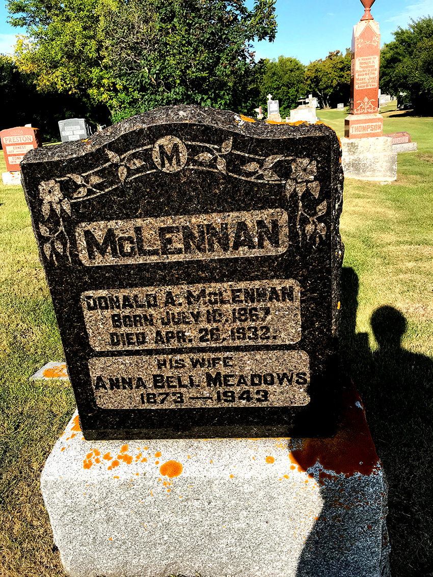 Photo of headstones/Donald A McLennan 1867-1932 hdstn Birtle cem Manitoba